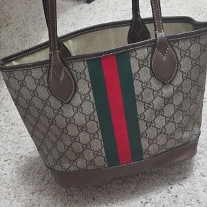 Gucci Monogram Tote with Red and Green Stripe